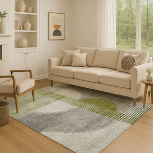HomeRoots 5' X 8' Olive Green Gray Ivory Geometric Area Rug – Washable, UV-Protected & Stain-Resistant! 710612