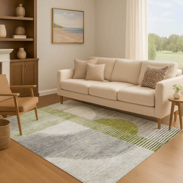 HomeRoots 5' X 8' Olive Green Gray Ivory Geometric Area Rug – Washable, UV-Protected & Stain-Resistant! 710612