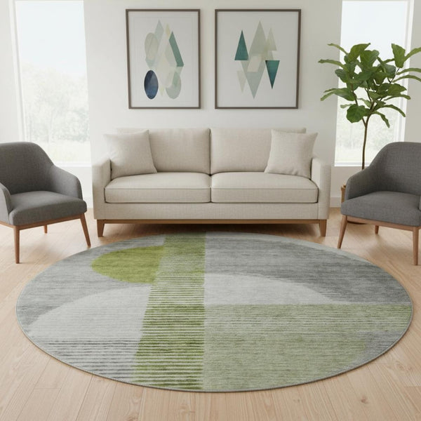 HomeRoots 8' X 10' Modern Geometric Washable Area Rug in Olive Green, Gray & Ivory - Durable, UV Protected Design 710614