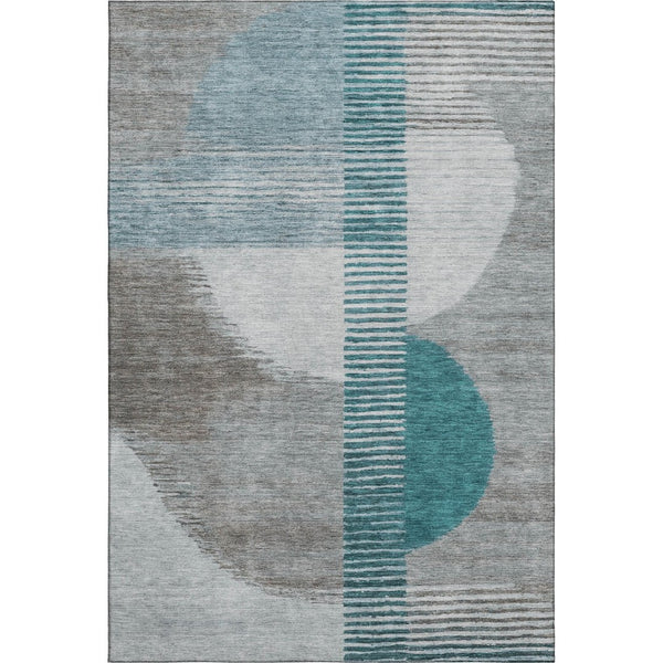 HomeRoots 8' Teal Ivory and Gray Geometric Round Rug - Washable, UV Protected, Ideal for Modern Spaces 710619