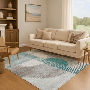 HomeRoots 8' Teal Ivory and Gray Geometric Round Rug - Washable, UV Protected, Ideal for Modern Spaces 710619