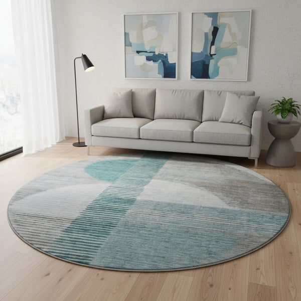 HomeRoots 8' X 10' Modern Teal Ivory and Gray Geometric Washable Area Rug with UV Protection for High-Traffic Spaces 710620