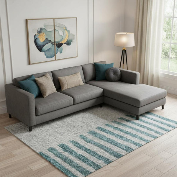 HomeRoots 10' X 14' Teal Ivory Gray Geometric Area Rug - Washable, UV Protected, Durable & Stylish Design 710622