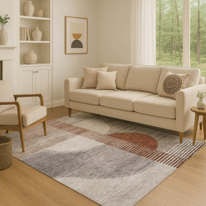 HomeRoots 8' Modern Taupe Ivory Rust Geometric Washable Round Rug - UV Protected, Stain Resistant & Durable 710625