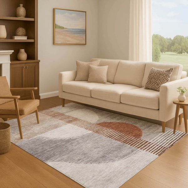 HomeRoots 8' Modern Taupe Ivory Rust Geometric Washable Round Rug - UV Protected, Stain Resistant & Durable 710625