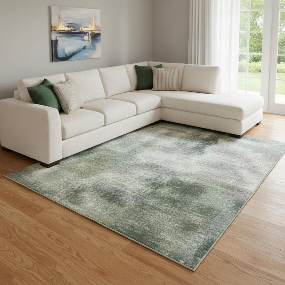 HomeRoots 9' X 12' Modern Abstract Washable Area Rug in Pale Aqua, Beige & Ivory - UV Protected for Durability 710639