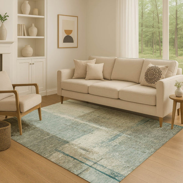 HomeRoots 9' X 12' Modern Abstract Washable Area Rug in Pale Aqua, Beige & Ivory - UV Protected for Durability 710639