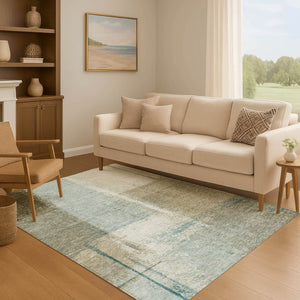 HomeRoots 9' X 12' Modern Abstract Washable Area Rug in Pale Aqua, Beige & Ivory - UV Protected for Durability 710639