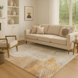 HomeRoots 9' X 12' Gold & Beige Geometric Area Rug - Durable, Washable, UV Protected for Family Spaces 710651