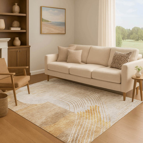 HomeRoots 10' X 14' Gold And Beige Geometric Area Rug - Washable, UV Resistant, Perfect for High-Traffic Spaces 710652