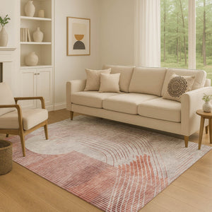 HomeRoots 8' Salmon and Beige Geometric Washable Round Rug - Stylish, Durable, UV-Protected, Non-Slip Design 710655