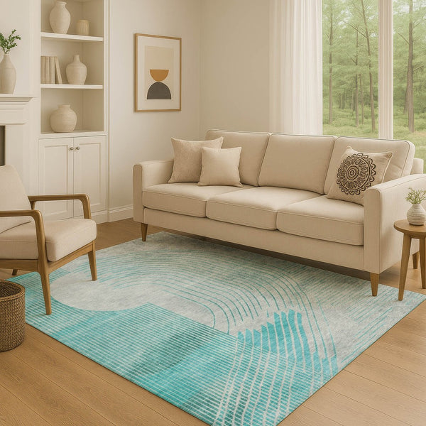 HomeRoots 5' X 8' Teal and Beige Geometric Area Rug - Washable, UV-Protected, Perfect for High-Traffic Spaces 710660