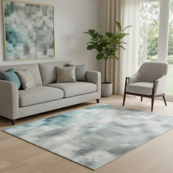 HomeRoots 8' Teal and Beige Geometric Washable Round Rug - Durable, UV-Protected, Pet-Friendly Design! 710661