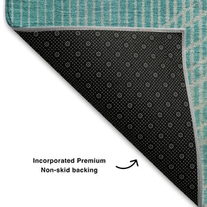 HomeRoots 8' Teal and Beige Geometric Washable Round Rug - Durable, UV-Protected, Pet-Friendly Design! 710661