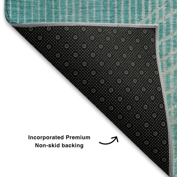 HomeRoots 8' Teal and Beige Geometric Washable Round Rug - Durable, UV-Protected, Pet-Friendly Design! 710661
