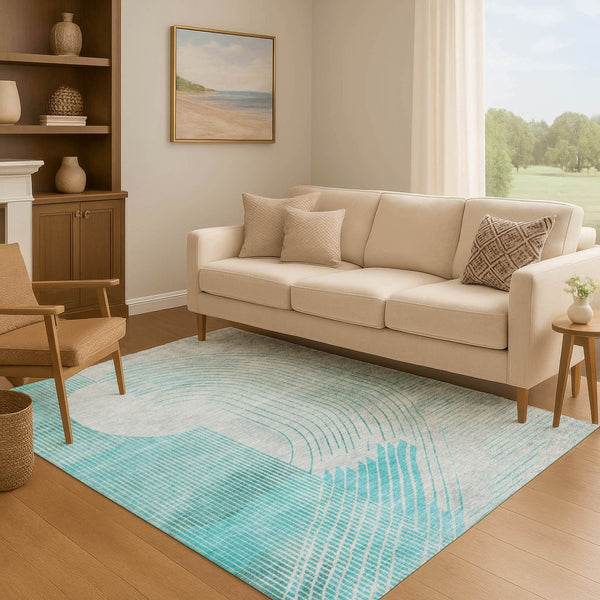 HomeRoots 8' Teal and Beige Geometric Washable Round Rug - Durable, UV-Protected, Pet-Friendly Design! 710661