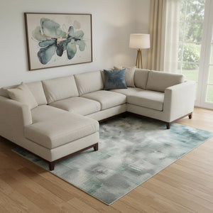 HomeRoots 10' X 14' Teal and Beige Geometric Area Rug - Durable, Washable, UV Protected & Stain Resistant! 710664
