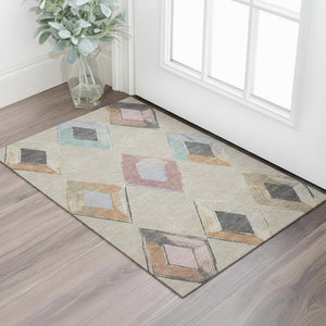 HomeRoots 5' X 8' Modern Geometric Area Rug in Beige, Blue & Copper – Washable, UV Protected & Stain-Resistant 710671