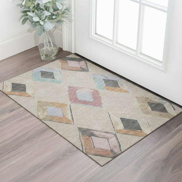 HomeRoots 5' X 8' Modern Geometric Area Rug in Beige, Blue & Copper – Washable, UV Protected & Stain-Resistant 710671