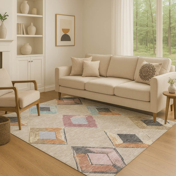 HomeRoots 5' X 8' Modern Geometric Area Rug in Beige, Blue & Copper – Washable, UV Protected & Stain-Resistant 710671