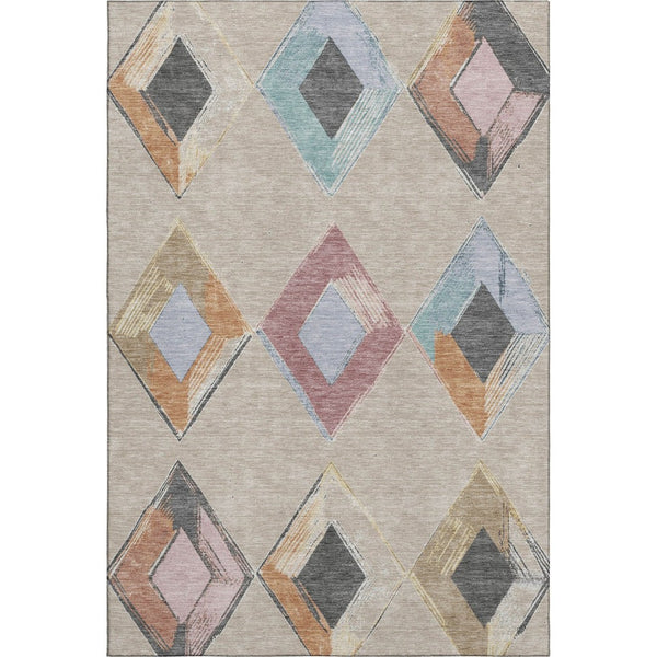 HomeRoots 5' X 8' Modern Geometric Area Rug in Beige, Blue & Copper – Washable, UV Protected & Stain-Resistant 710671