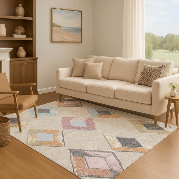 HomeRoots 5' X 8' Modern Geometric Area Rug in Beige, Blue & Copper – Washable, UV Protected & Stain-Resistant 710671