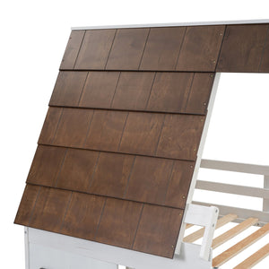 English Elm Wood Twin House Bunk Bed with Roof, Ladder & Slide, Rustic White-Brown Pine Frame, Space-Saving Twin Over Twin Reliable Support GX000345AAK