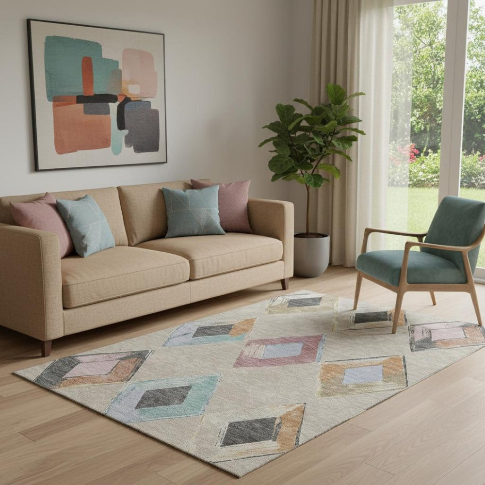 HomeRoots 8' Beige Blue and Copper Geometric Washable Round Rug - Stain Resistant, UV Protected, Modern Style! 710672