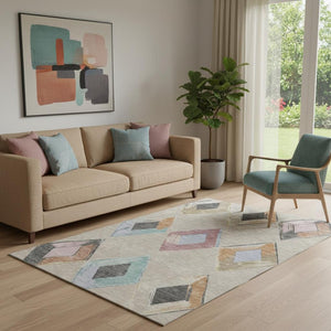 HomeRoots 8' Beige Blue and Copper Geometric Washable Round Rug - Stain Resistant, UV Protected, Modern Style! 710672