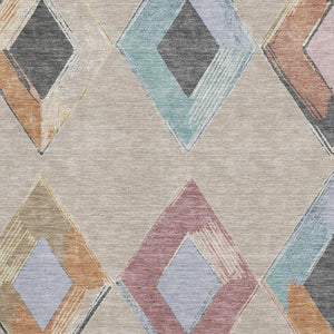HomeRoots 8' Beige Blue and Copper Geometric Washable Round Rug - Stain Resistant, UV Protected, Modern Style! 710672