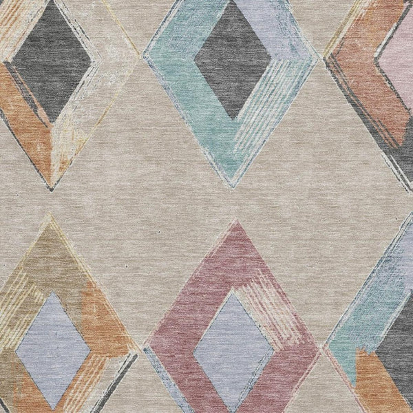 HomeRoots 8' Beige Blue and Copper Geometric Washable Round Rug - Stain Resistant, UV Protected, Modern Style! 710672
