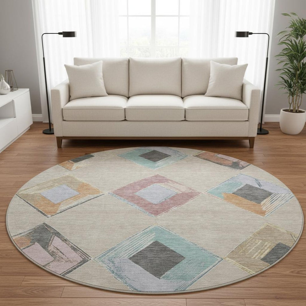 HomeRoots 8' X 10' Modern Geometric Washable Area Rug in Beige, Blue & Copper - UV Protection & Stain Resistant 710673
