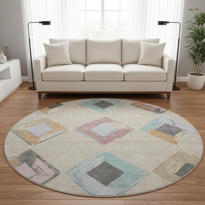 HomeRoots 8' X 10' Modern Geometric Washable Area Rug in Beige, Blue & Copper - UV Protection & Stain Resistant 710673