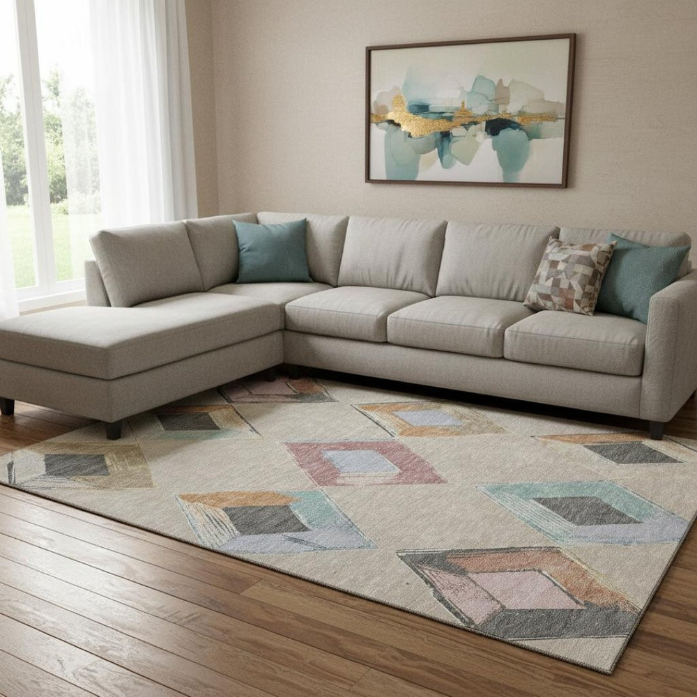 HomeRoots 9' X 12' Modern Beige, Blue & Copper Geometric Washable Area Rug with UV Protection & Durability 710674