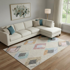 HomeRoots 10' X 14' Washable Beige, Blue & Copper Geometric Area Rug with UV Protection for High-Traffic Rooms 710675
