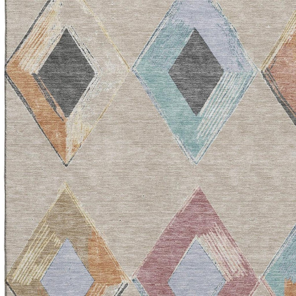 HomeRoots 10' X 14' Washable Beige, Blue & Copper Geometric Area Rug with UV Protection for High-Traffic Rooms 710675