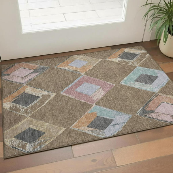 HomeRoots 5' X 8' Geometric Area Rug in Brown, Blue & Beige – Washable, UV Protected, Family-Friendly Design! 710677