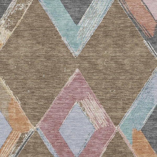 HomeRoots 5' X 8' Geometric Area Rug in Brown, Blue & Beige – Washable, UV Protected, Family-Friendly Design! 710677
