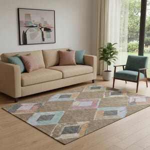 HomeRoots 8' Brown Blue and Beige Geometric Round Rug – Washable, UV Protected, Durable for Any Space! 710678
