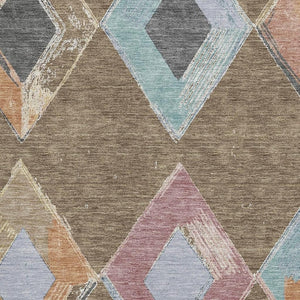 HomeRoots 8' Brown Blue and Beige Geometric Round Rug – Washable, UV Protected, Durable for Any Space! 710678