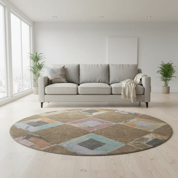 HomeRoots 8' X 10' Geometric Area Rug in Brown, Blue & Beige - Washable, UV Resistant & Perfect for Active Homes! 710679