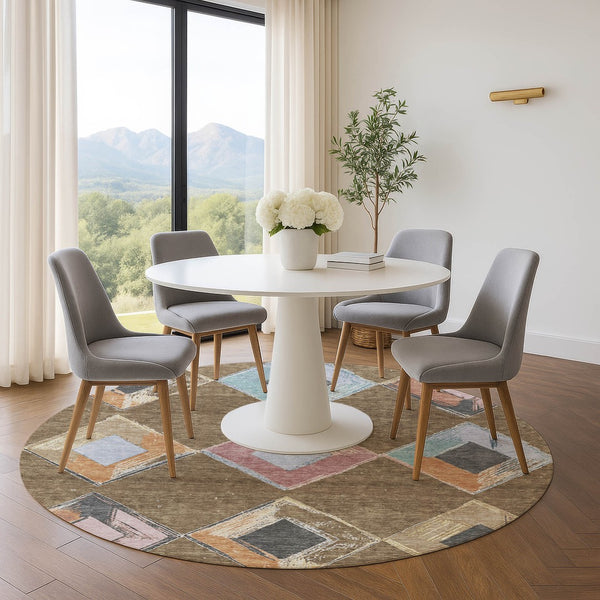 HomeRoots 8' X 10' Geometric Area Rug in Brown, Blue & Beige - Washable, UV Resistant & Perfect for Active Homes! 710679