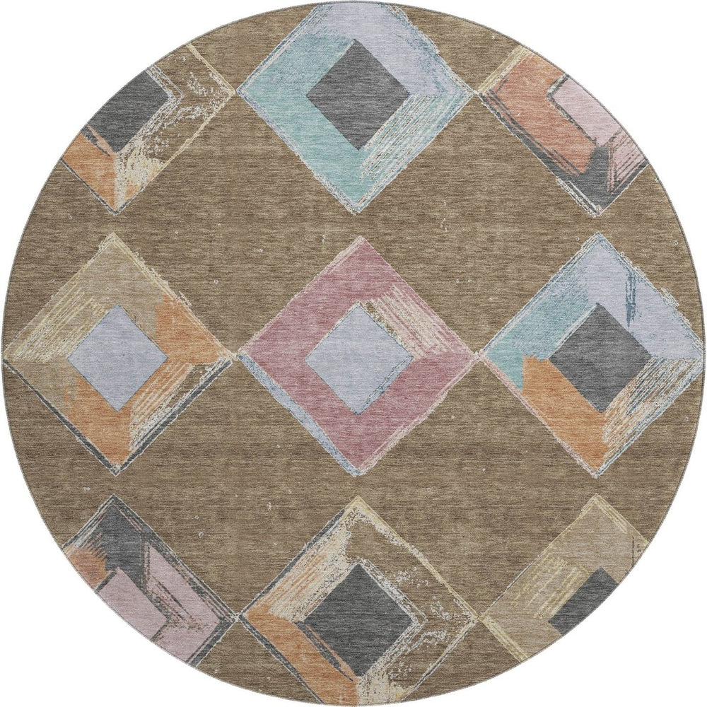 HomeRoots 8' X 10' Geometric Area Rug in Brown, Blue & Beige - Washable, UV Resistant & Perfect for Active Homes! 710679