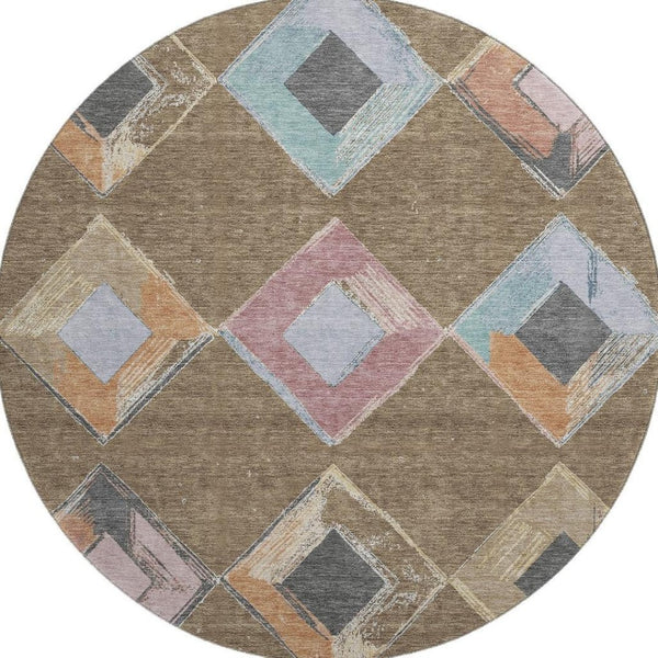 HomeRoots 8' X 10' Geometric Area Rug in Brown, Blue & Beige - Washable, UV Resistant & Perfect for Active Homes! 710679