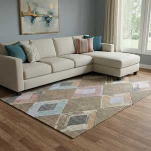 HomeRoots 9' Modern Geometric Washable Area Rug in Brown, Blue & Beige - UV Protected, Non-Slip & Stylish 710680