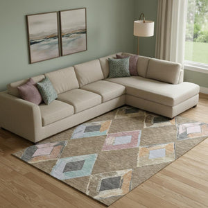 HomeRoots 10' X 14' Stylish Brown, Blue & Beige Geometric Washable Area Rug with UV Protection for Homes 710681
