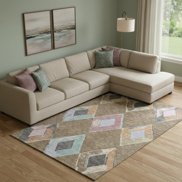 HomeRoots 10' X 14' Stylish Brown, Blue & Beige Geometric Washable Area Rug with UV Protection for Homes 710681
