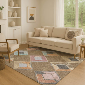 HomeRoots 10' X 14' Stylish Brown, Blue & Beige Geometric Washable Area Rug with UV Protection for Homes 710681