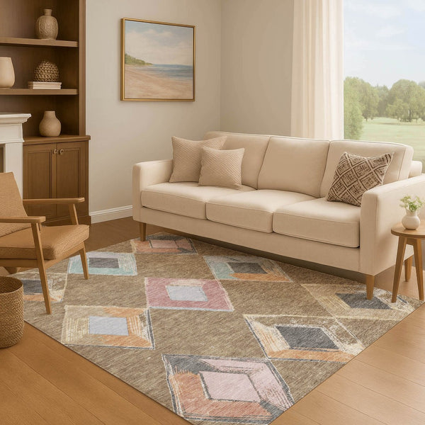 HomeRoots 10' X 14' Stylish Brown, Blue & Beige Geometric Washable Area Rug with UV Protection for Homes 710681