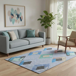 HomeRoots 8' Stylish Denim Blue Round Geometric Rug - Washable, UV-Protected, Perfect for High-Traffic Areas! 710684
